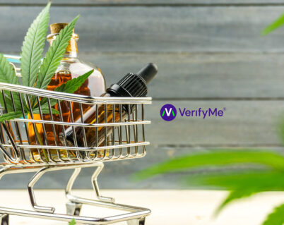 cannabis shopping cart with oil and leaves, VerifyMe logo